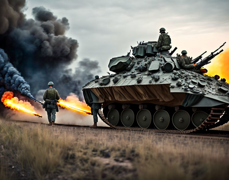 Soldiers and armored tank with fiery explosion in the background