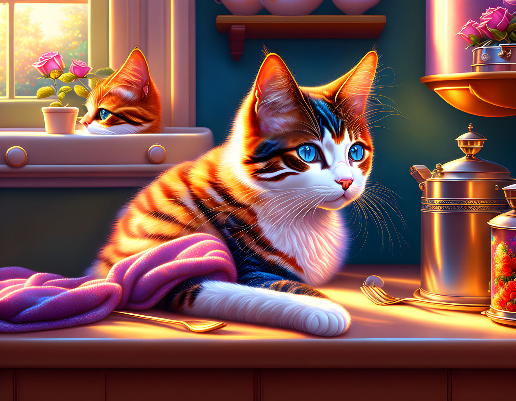 Colorful Cats Resting in Cozy Kitchen with Sunlight