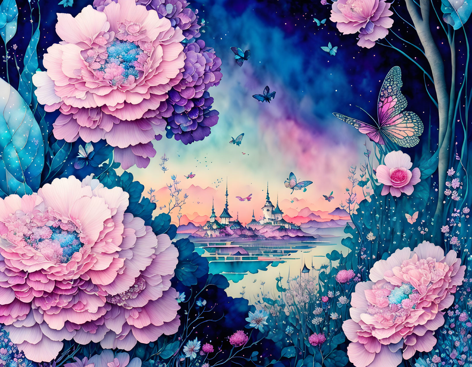 Fantasy landscape with pink flowers, lake, butterflies, and castle at twilight