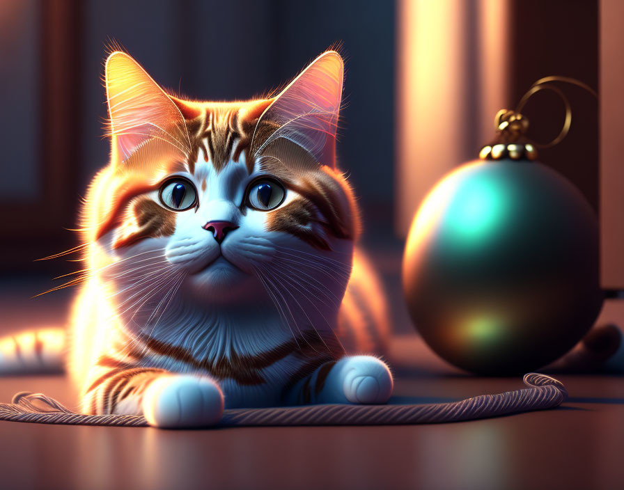 Orange Tabby Cat with Blue Bauble in Warmly Lit Room