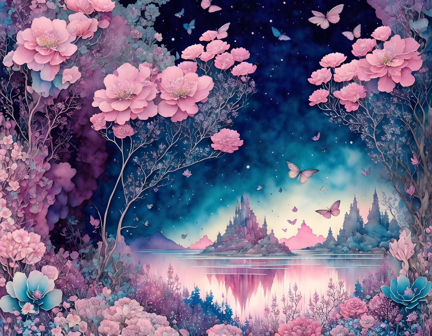 Serene night scene with pink flowers, lake, butterflies, and fairytale castle