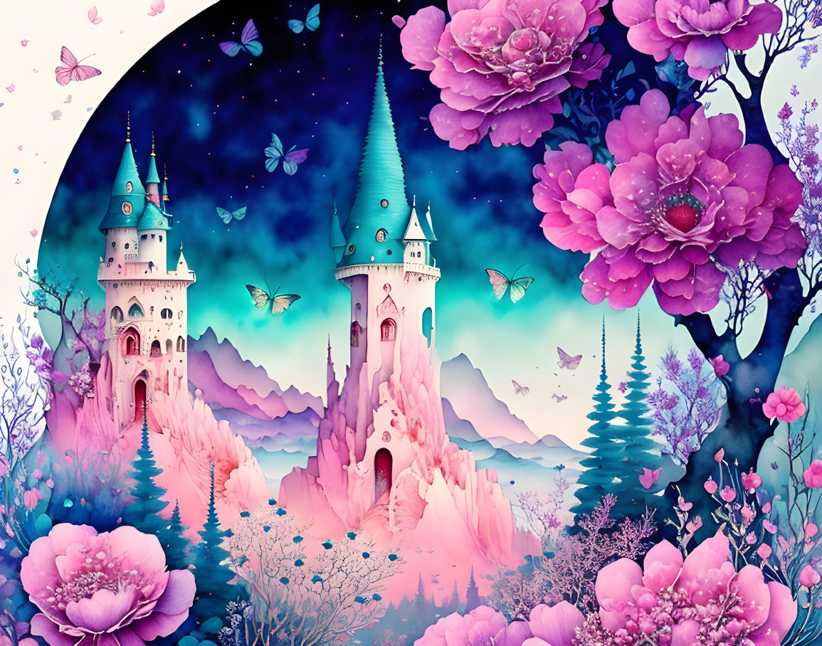 Fantasy illustration: Enchanted castle, pink flowers, starry night, butterflies