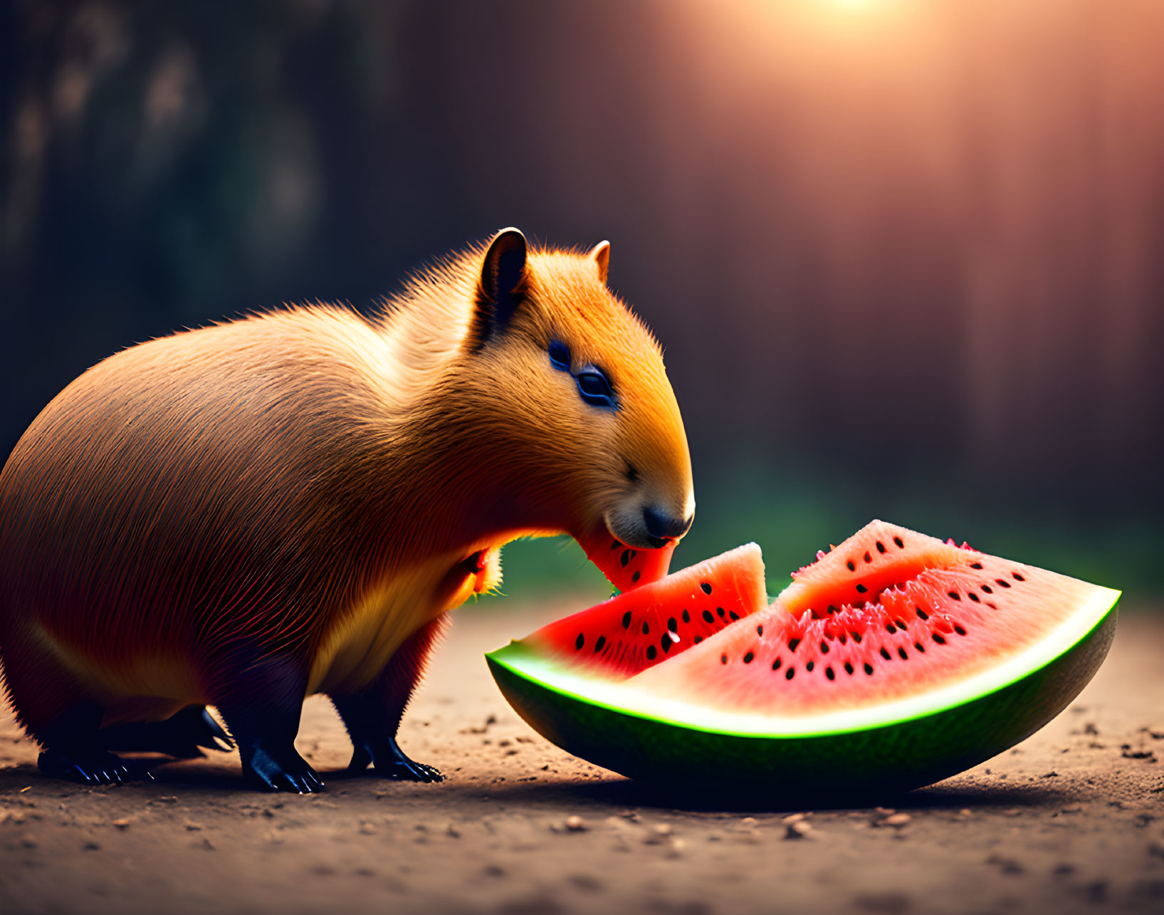 Capybara eating watermelon at sunset