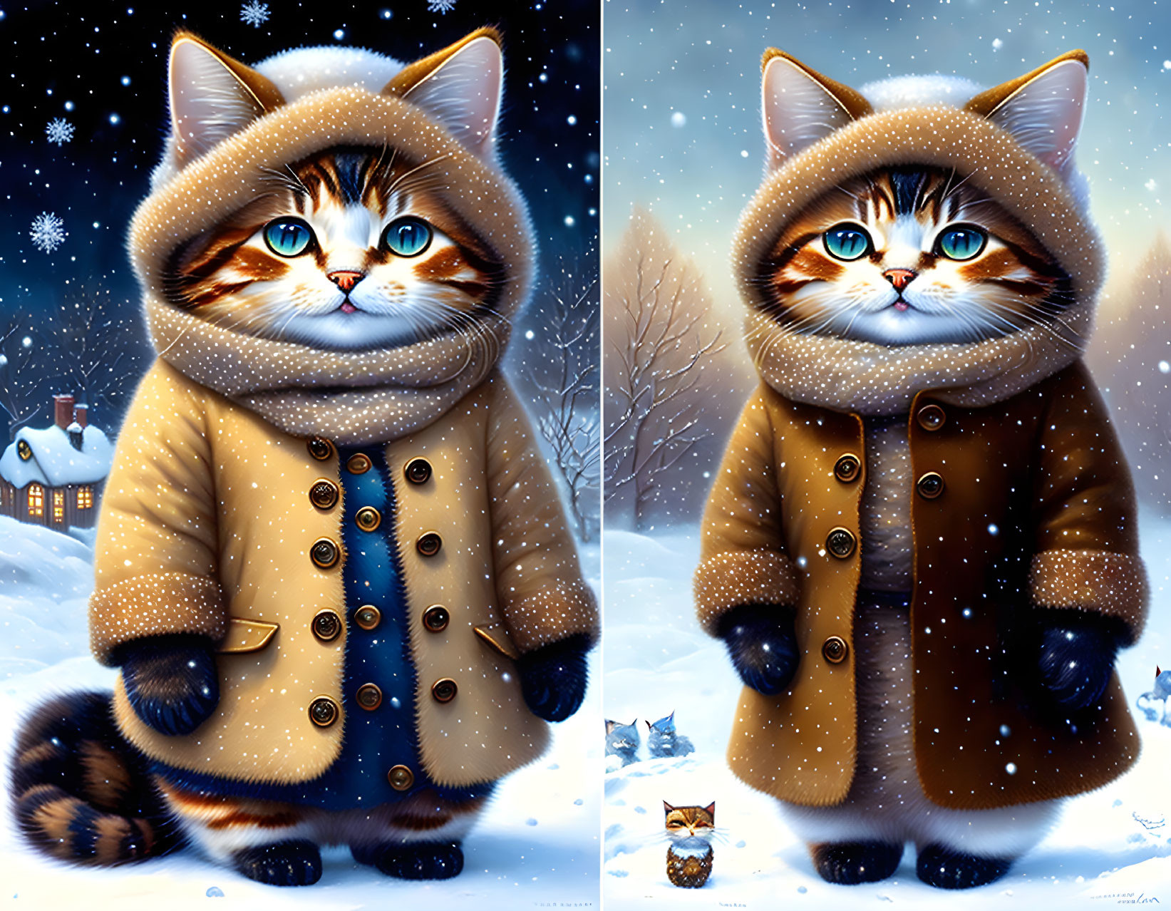 Illustration: Anthropomorphic cats in winter attire in snowy landscape