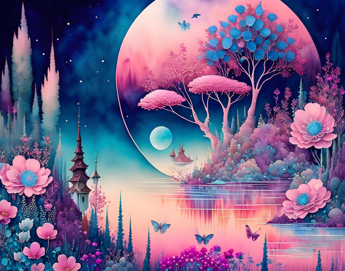 Fantasy landscape with large moon, serene lake, blossoming trees, traditional buildings, and butterflies.