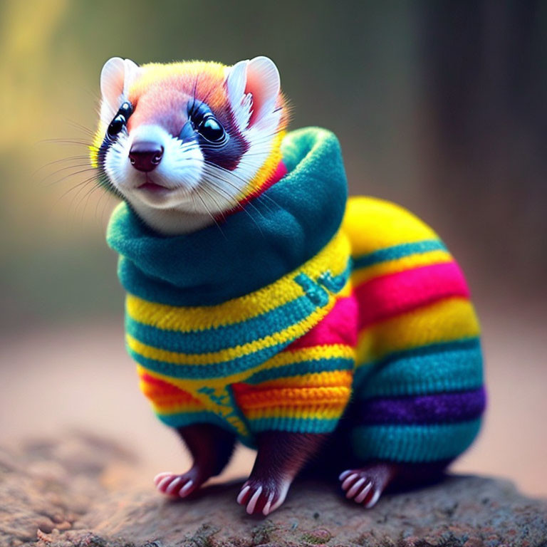 Striped sweater-wearing weasel in outdoor setting