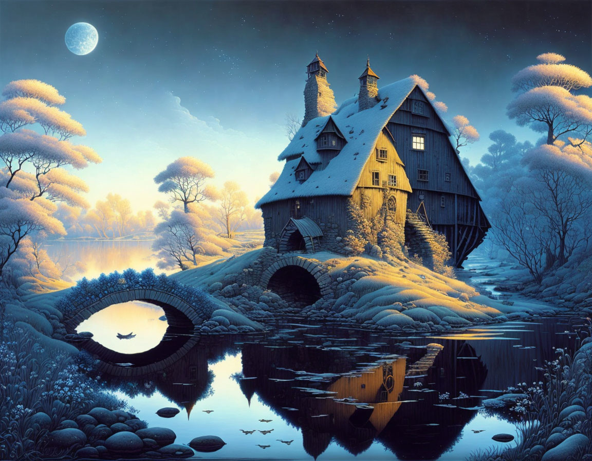 Snowy night painting: Cozy house by pond with stone bridge, starlit sky