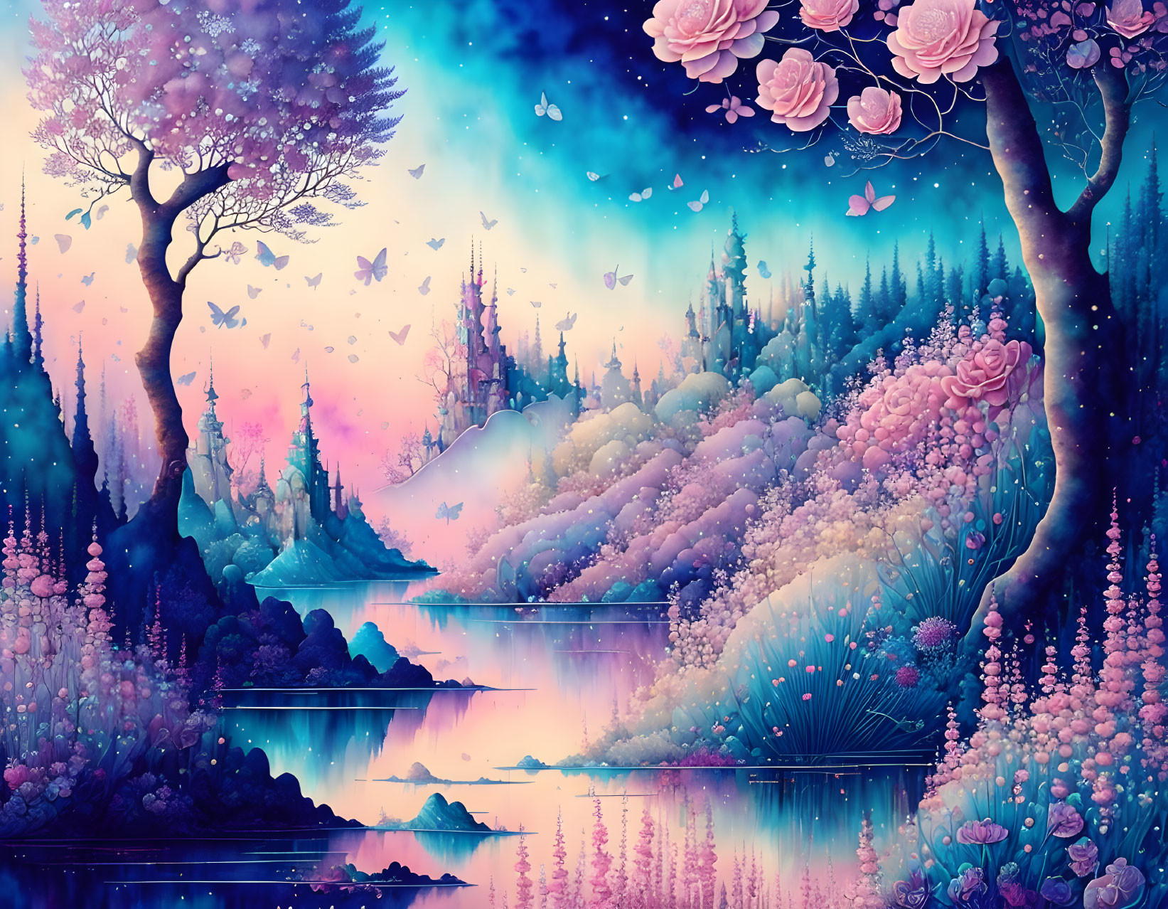 Colorful Fantasy Landscape with Pink and Purple Hues and Serene Lake