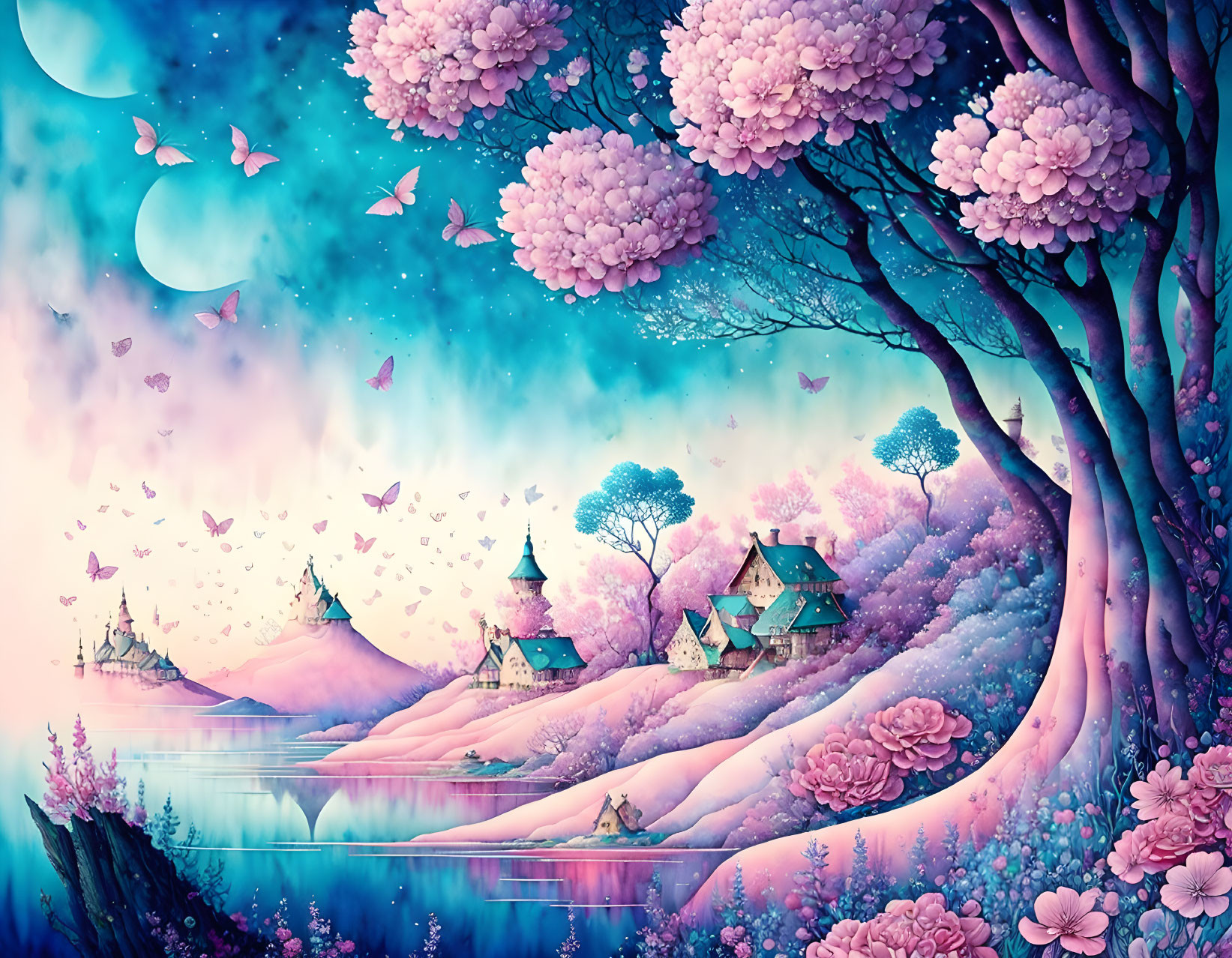 Pink and purple fantasy landscape with blooming trees, butterflies, charming houses, lake, crescent moon