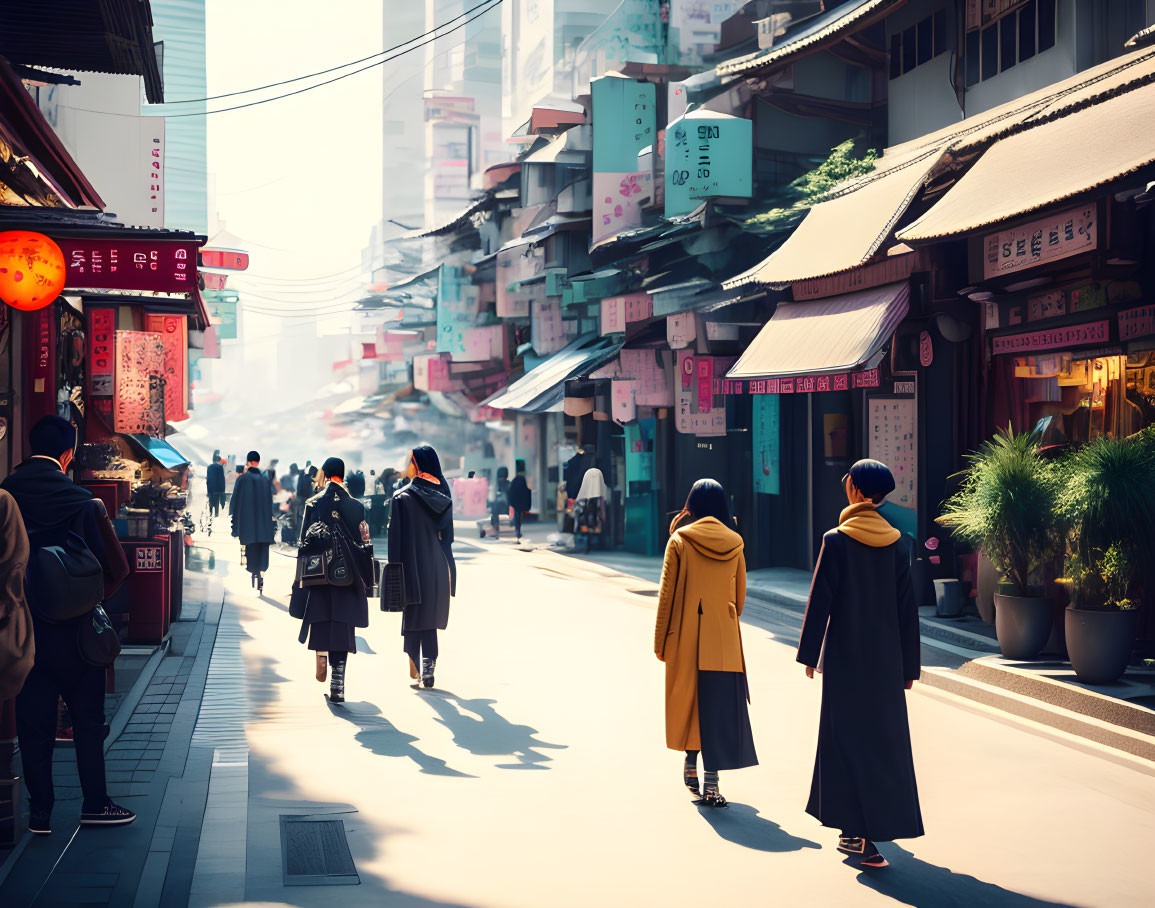 Urban street scene: pedestrians, coats, traditional buildings, hanging lanterns