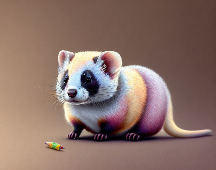 Colorful Cartoon Ferret with Pink and Yellow Gradient Fur Eyeing Candy