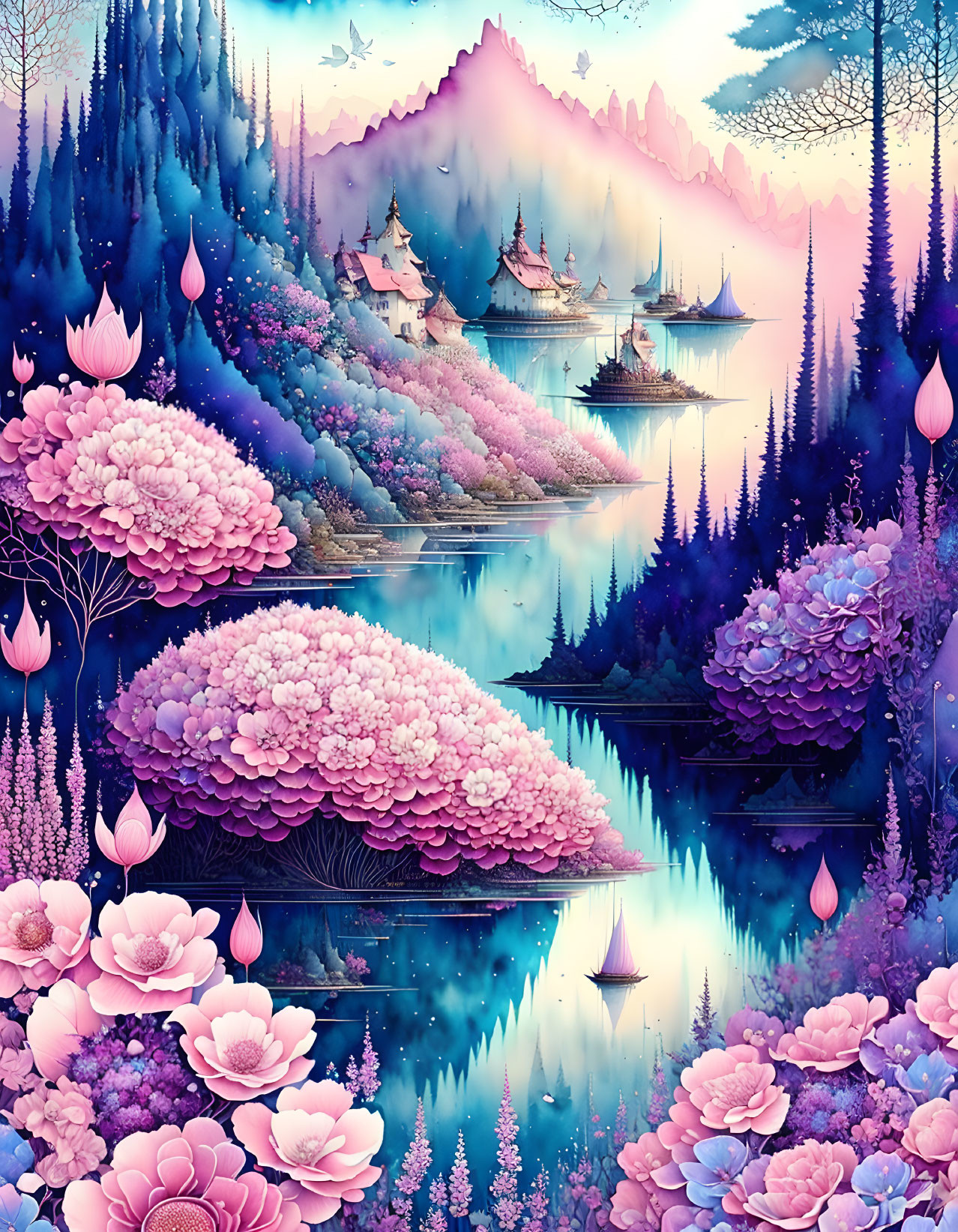 Colorful fantasy landscape with pink and purple flora, serene water, mountains, and whimsical houses.