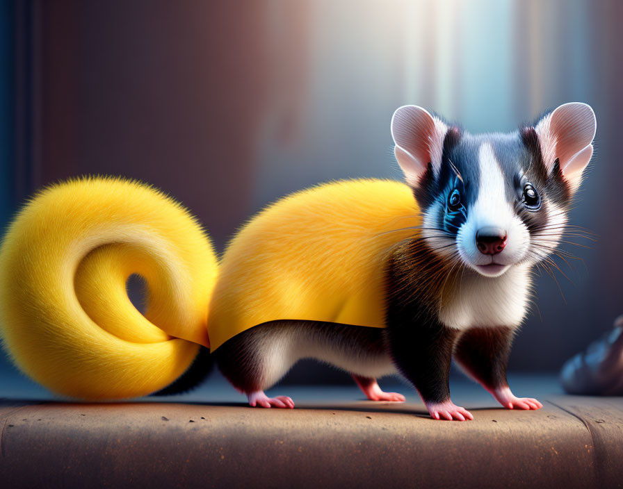 Stylized illustration of a cute weasel-like creature with a bushy yellow tail