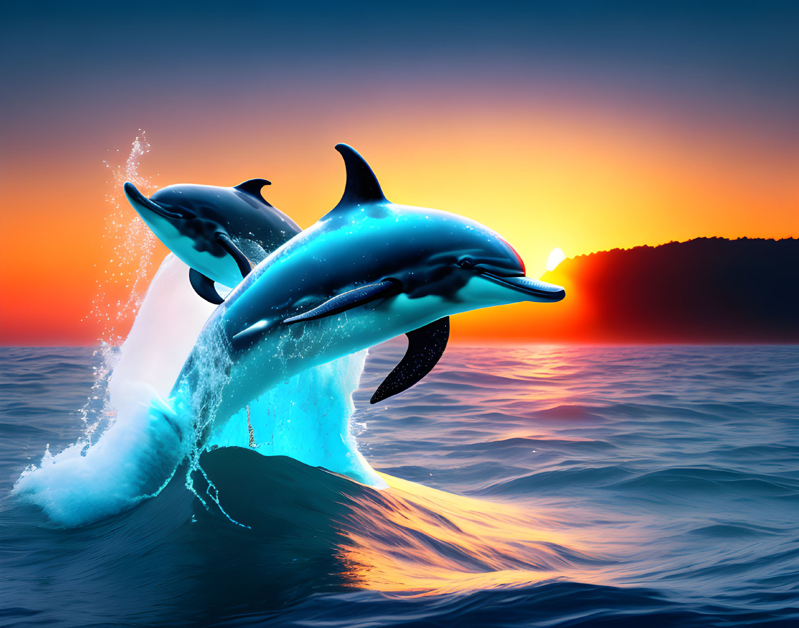 Vibrant sunset scene: Two leaping dolphins in orange and blue.