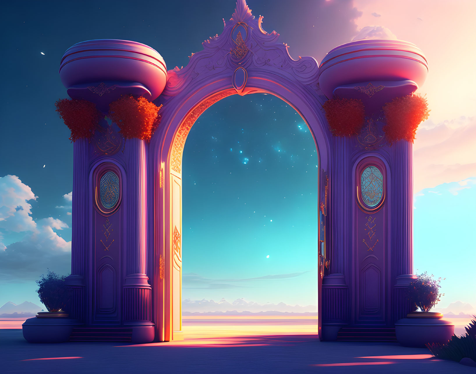 Ornate archway at sunset with starry sky and lush surroundings