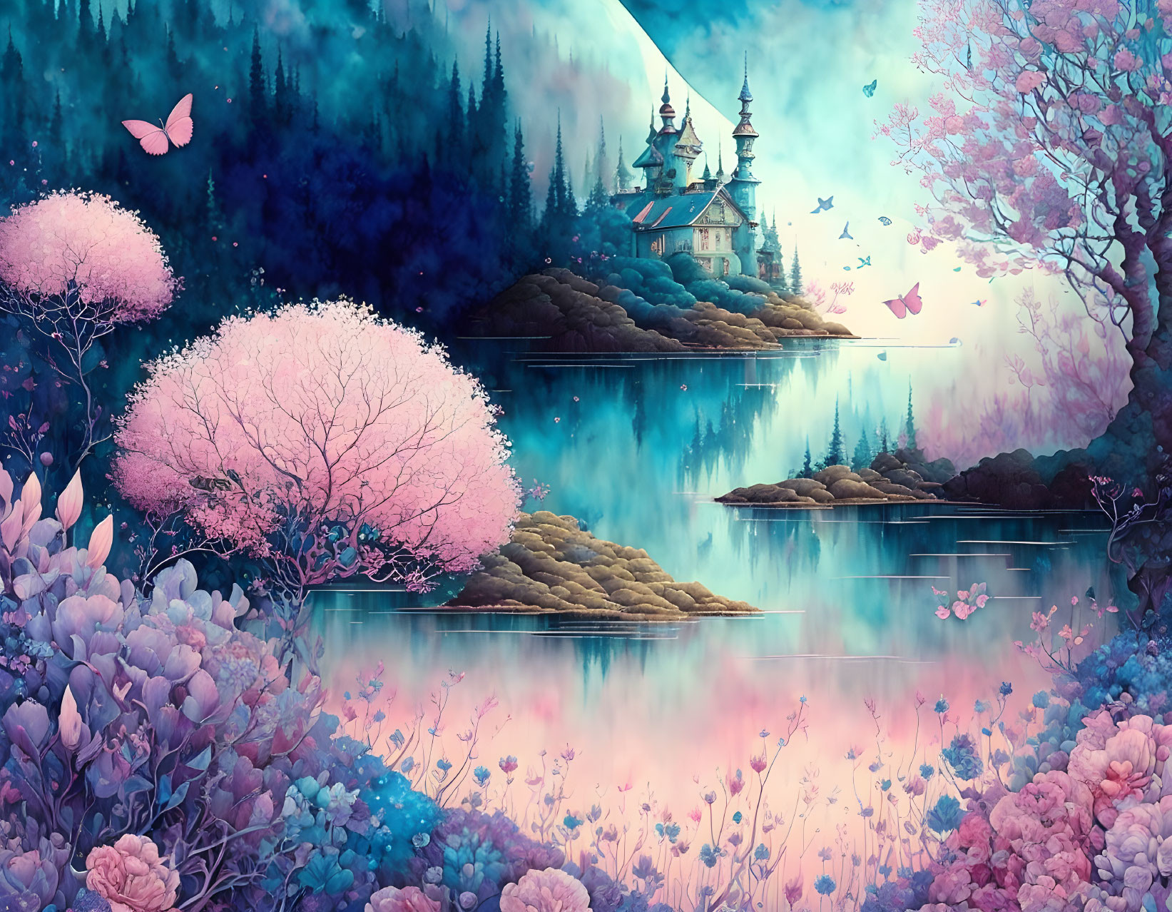 Fantasy landscape with pink and blue hues, castle by tranquil lake, blooming trees, flowers,