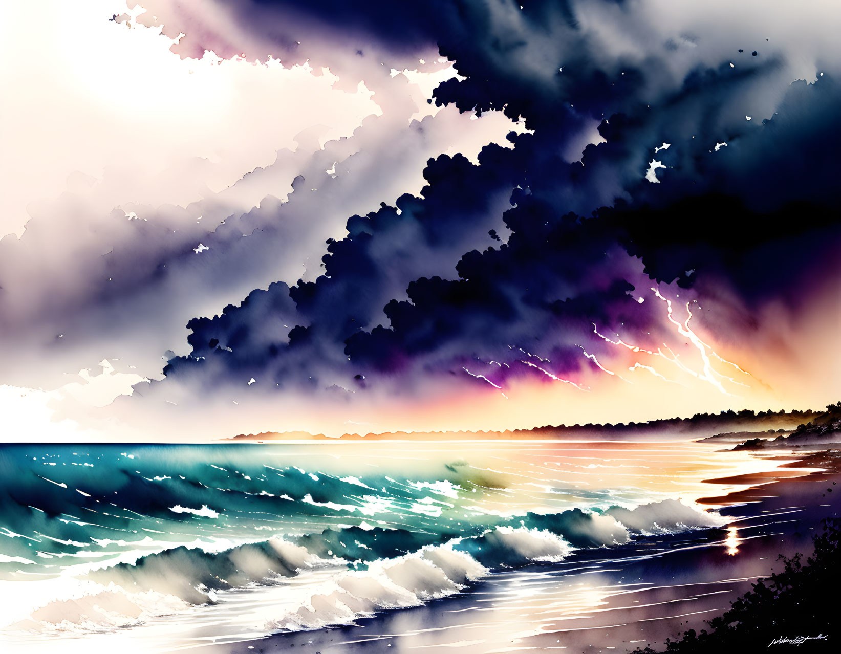 Stormy Seascape Digital Artwork with Lightning and Sunset Horizon