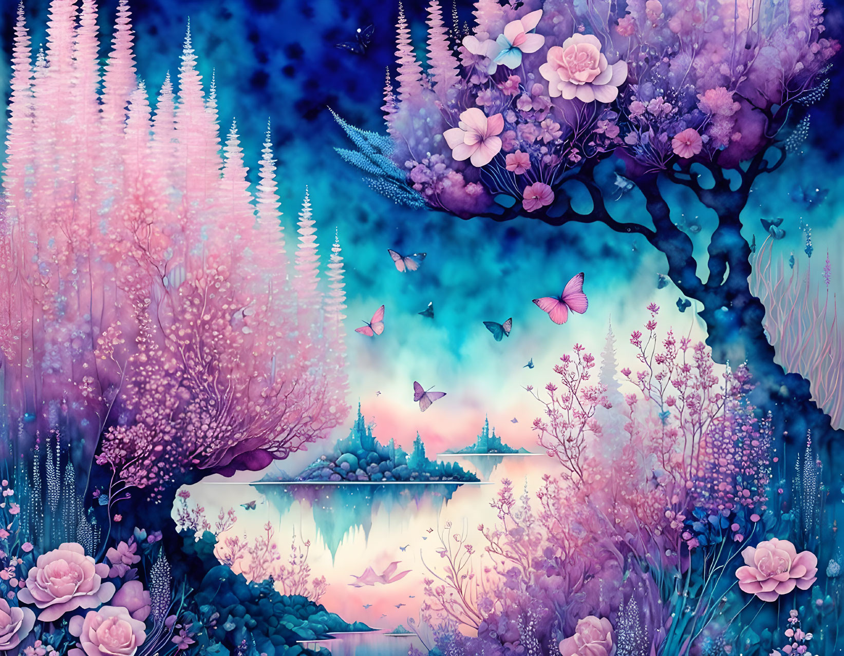 Fantasy landscape with pink and purple flora, butterflies, serene lake, distant castles, starry