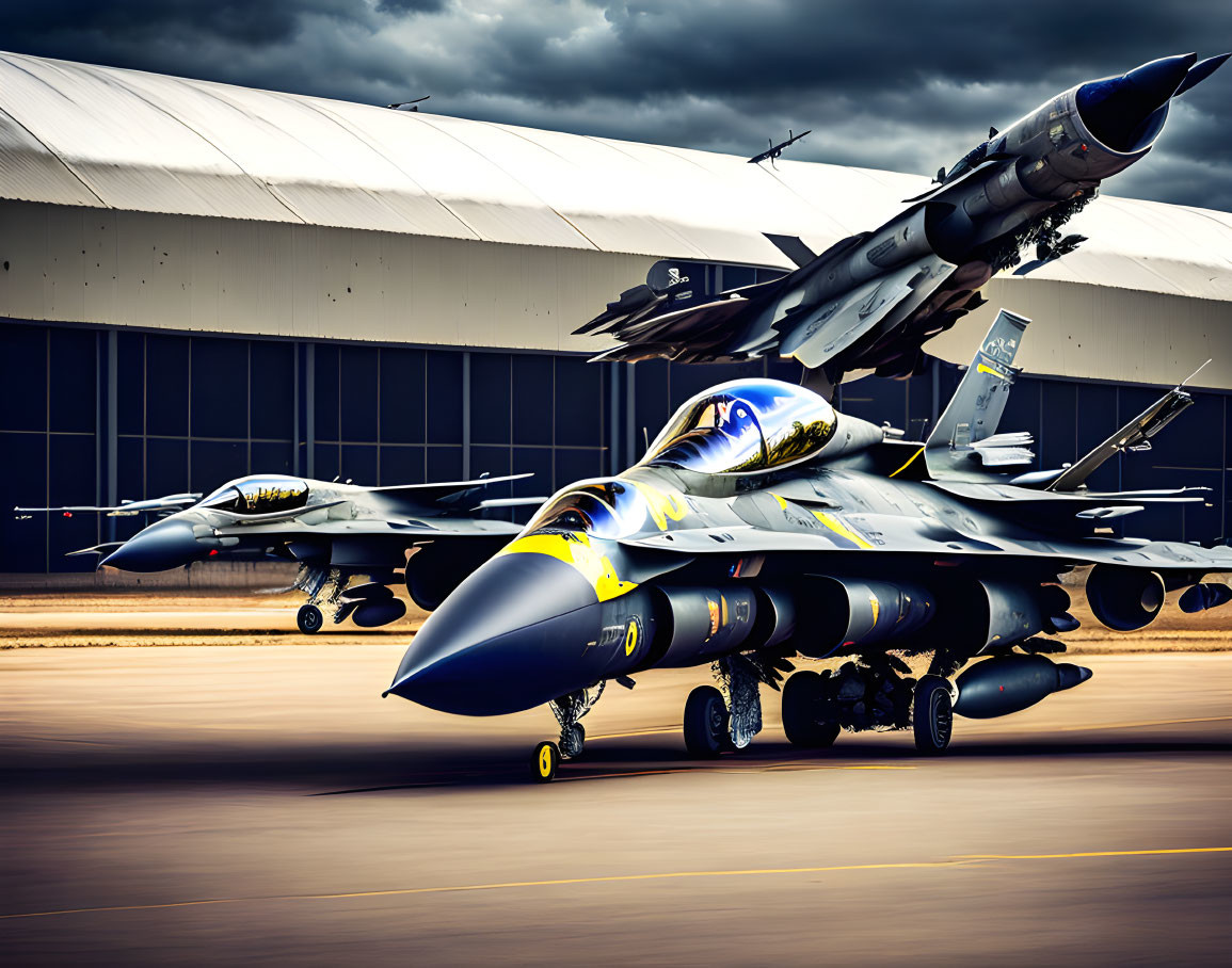 Three Fighter Jets on Tarmac with Blue and Yellow Design