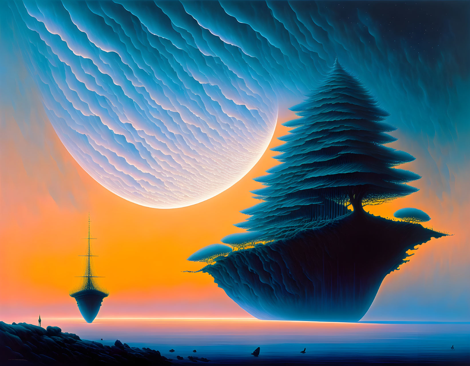 Surreal landscape with giant floating tree, ocean, wavy clouds, moon, and tower