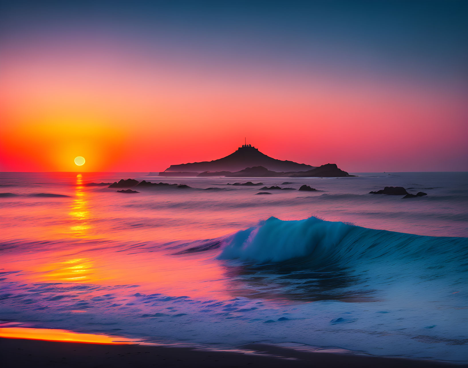 Scenic sunset with silhouetted lighthouse and calm beach