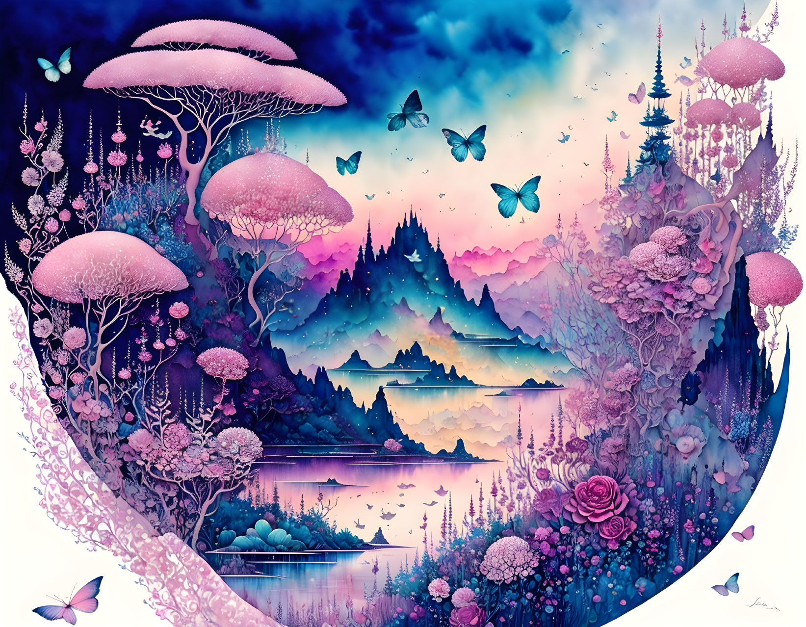 Fantasy landscape with pink foliage, mushrooms, butterflies, and mountains