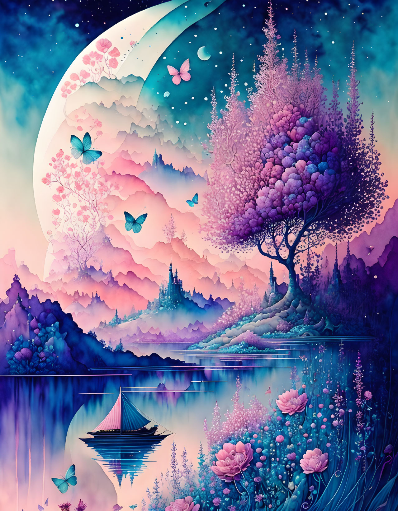 Surreal landscape with crescent moon, butterflies, blooming tree, castle, boat, and