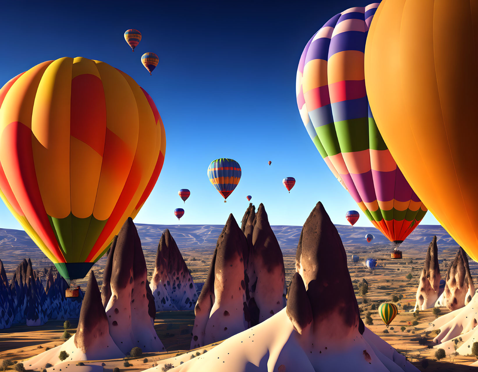 Vibrant hot air balloons over cone-shaped rock formations