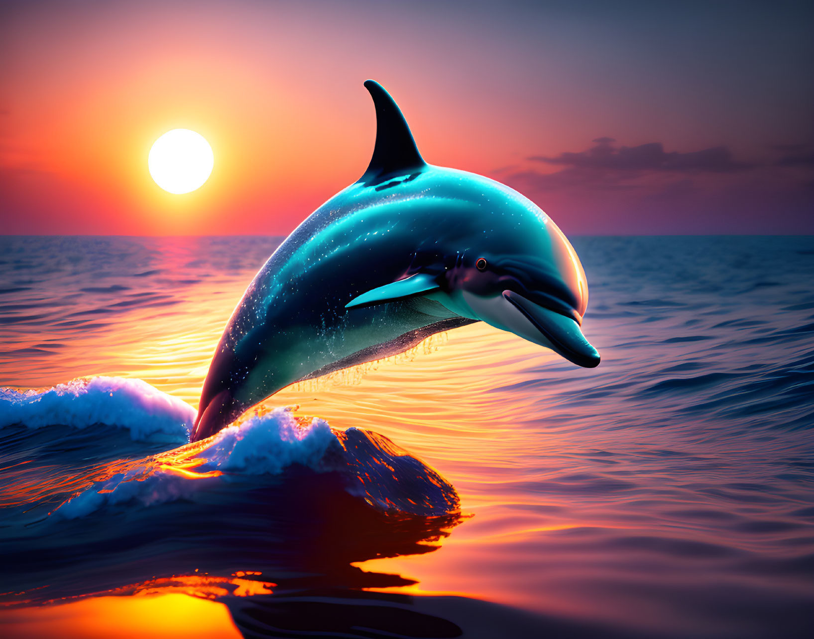 Dolphin leaping at sunset with vibrant orange sky