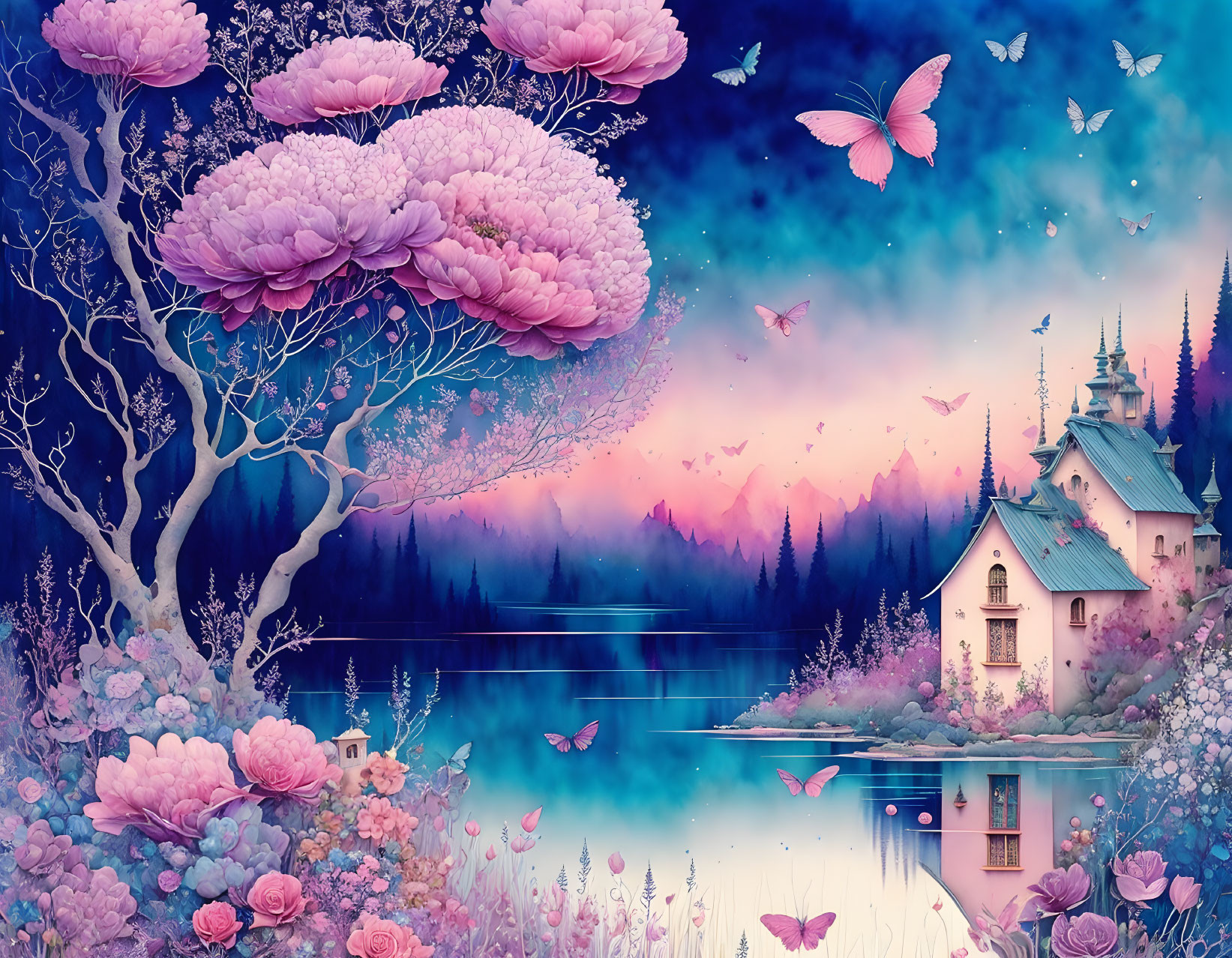 Whimsical landscape with pink flowers, butterflies, lake, and cottage at dawn or dusk