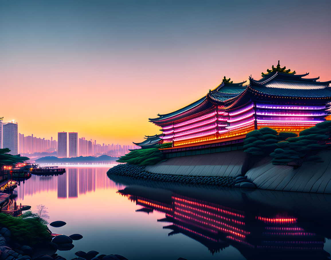 East Asian Pagoda Building Illuminated at Dusk with City Skyline