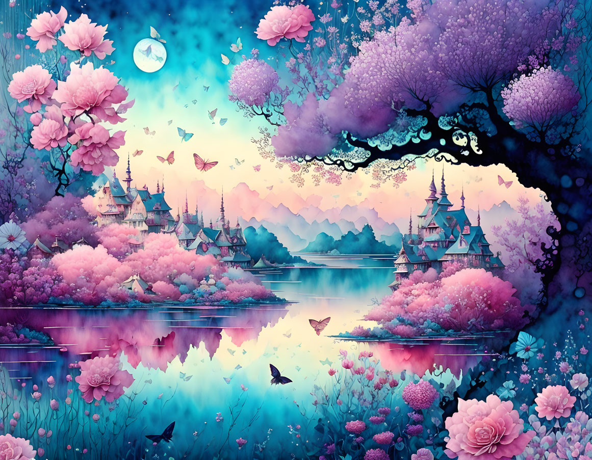 Fantasy landscape with pink and purple hues, blossoming trees, calm river, pagodas,