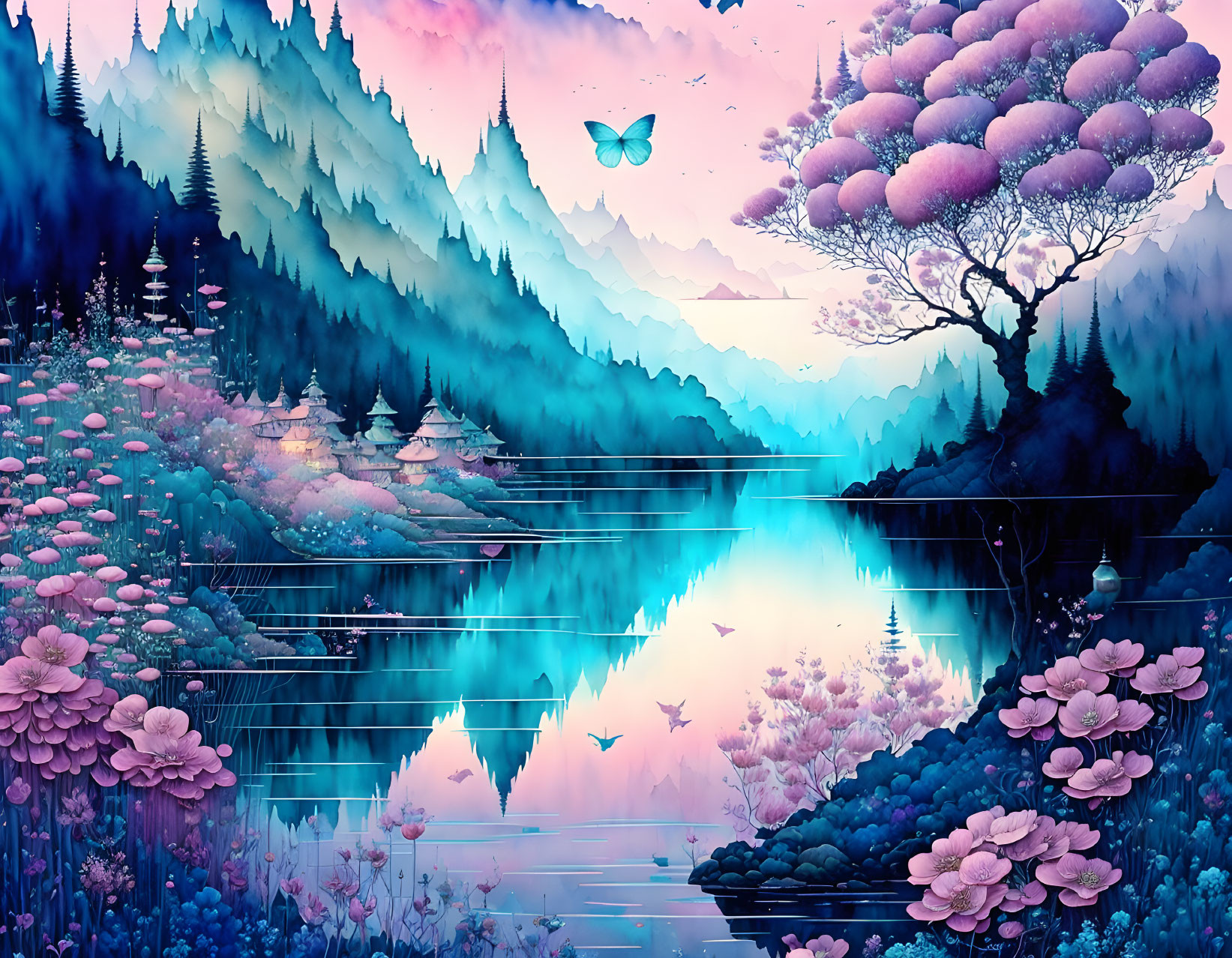 Fantasy landscape with pink flora, serene lake, butterflies, misty mountains