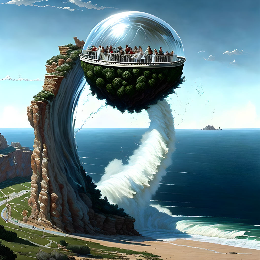 Futuristic glass dome on cliff with swirling water structure in coastal landscape