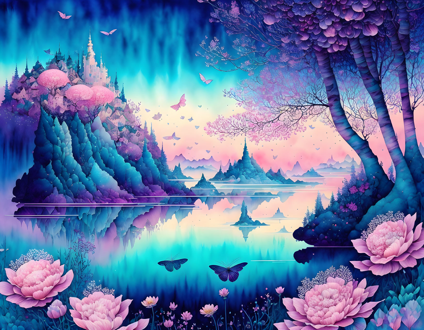 Colorful Fantasy Landscape with Trees, Flowers, Lake, and Birds