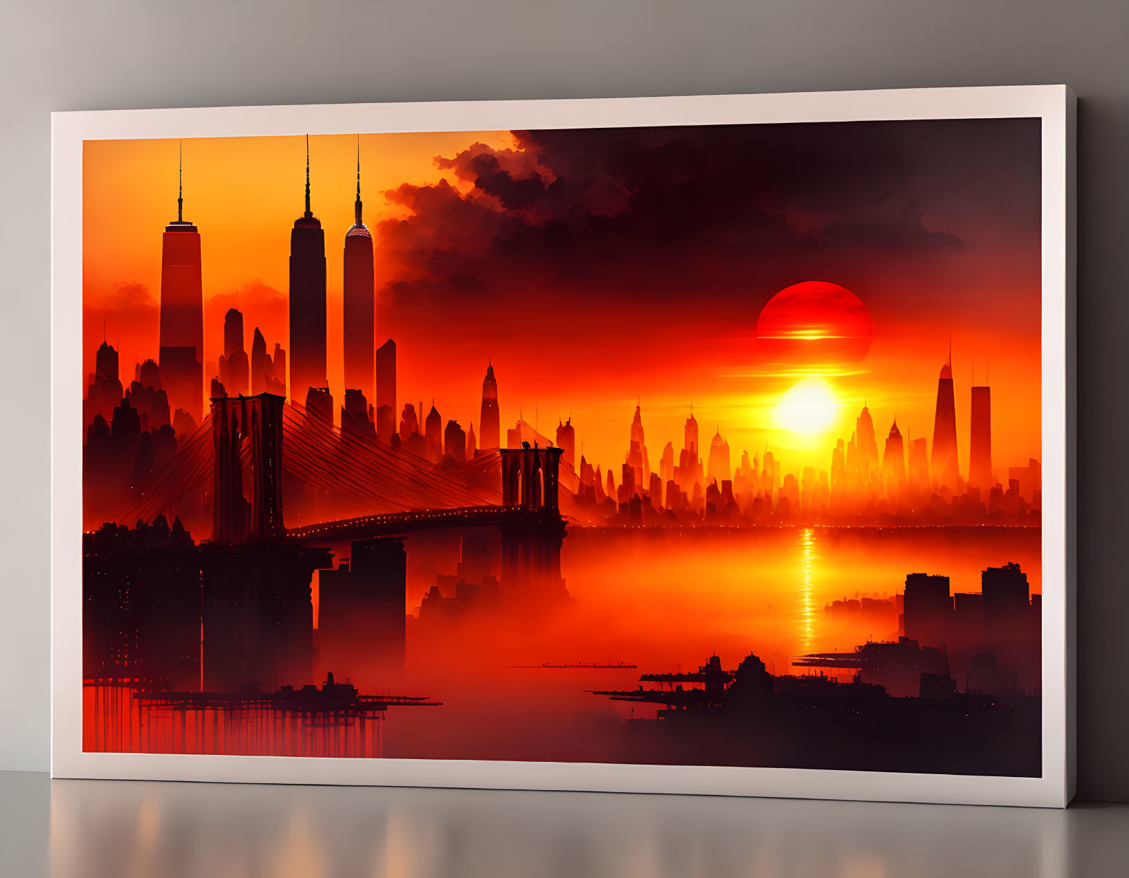 City skyline and bridge silhouette in red and orange sunset reflection.