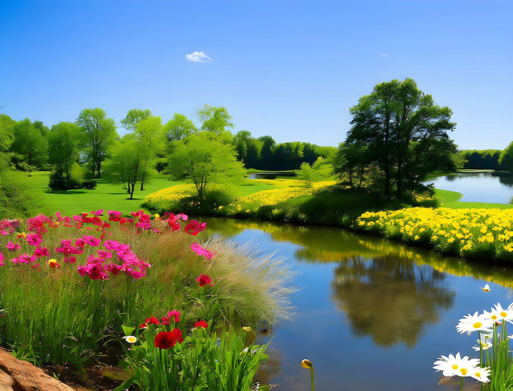 Scenic landscape: calm river, colorful flowers, green trees, blue sky