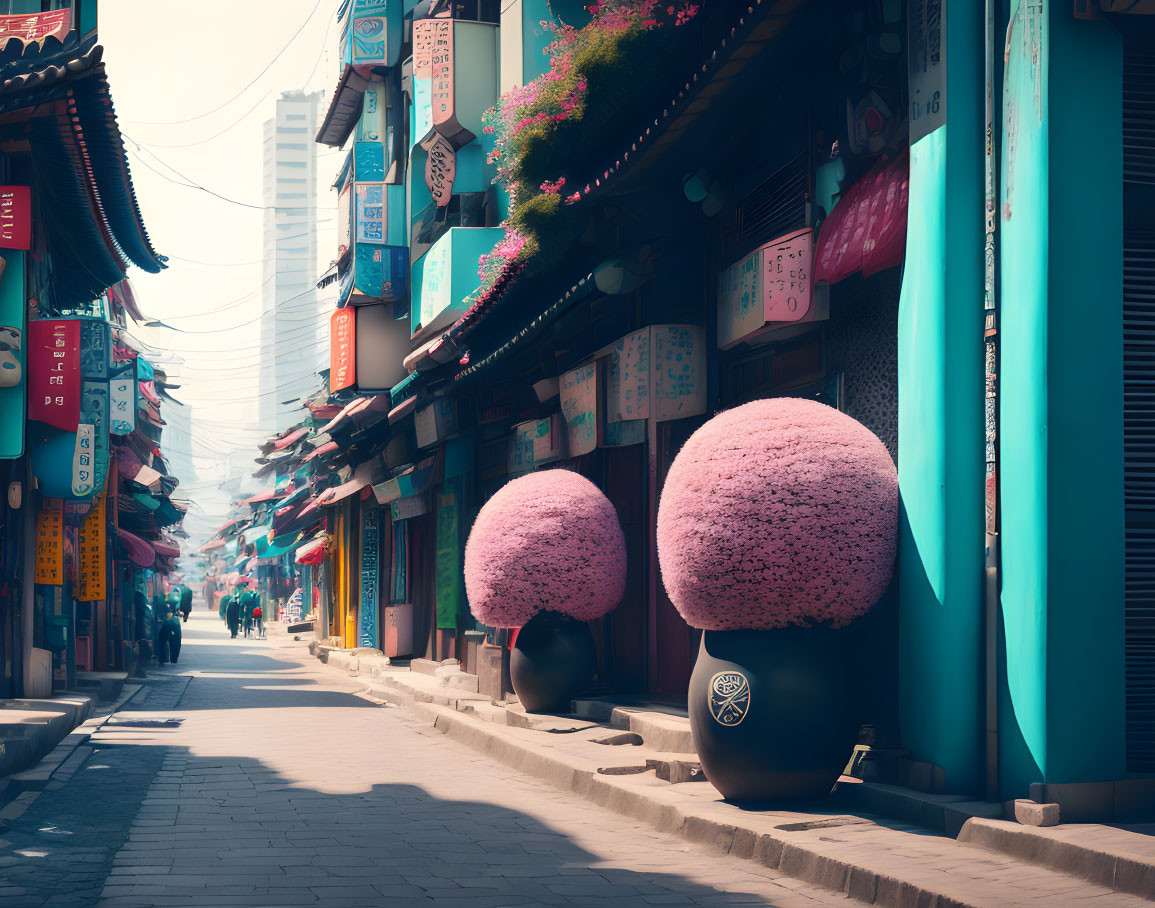 Traditional Asian neighborhood with pink trees and lanterns in tranquil street