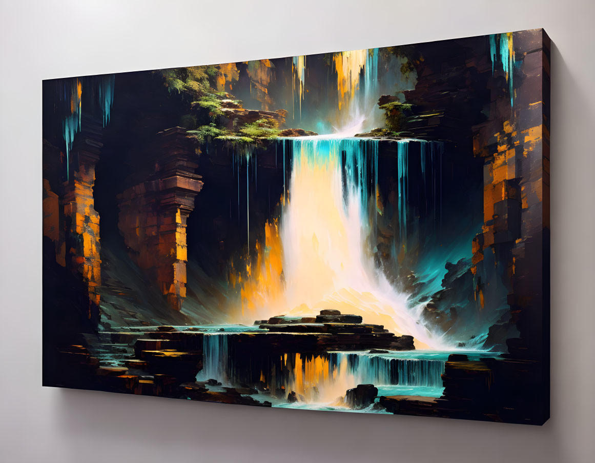 Mystical waterfall painting with golden light, dark cliffs, and green foliage on wall