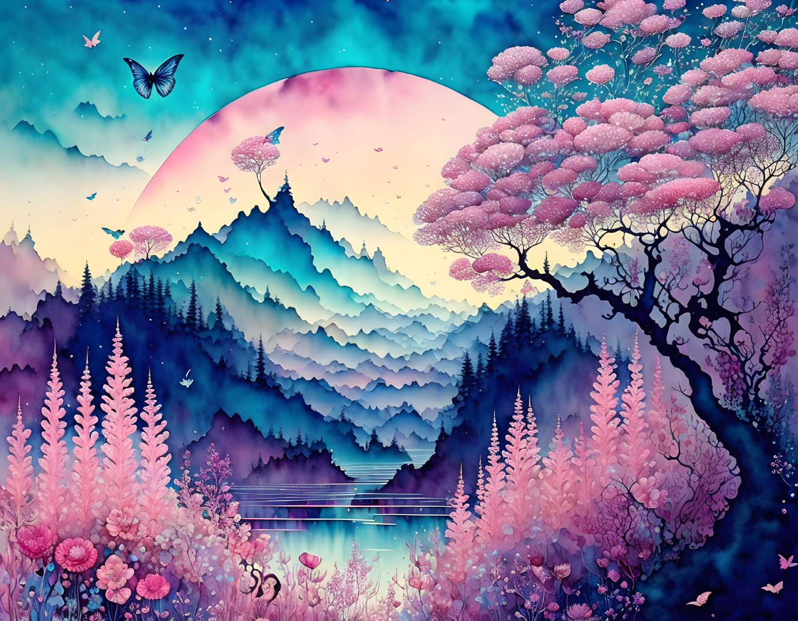 Whimsical landscape with purple mountains, pink sky, moon, cherry blossoms, flowers & butterflies