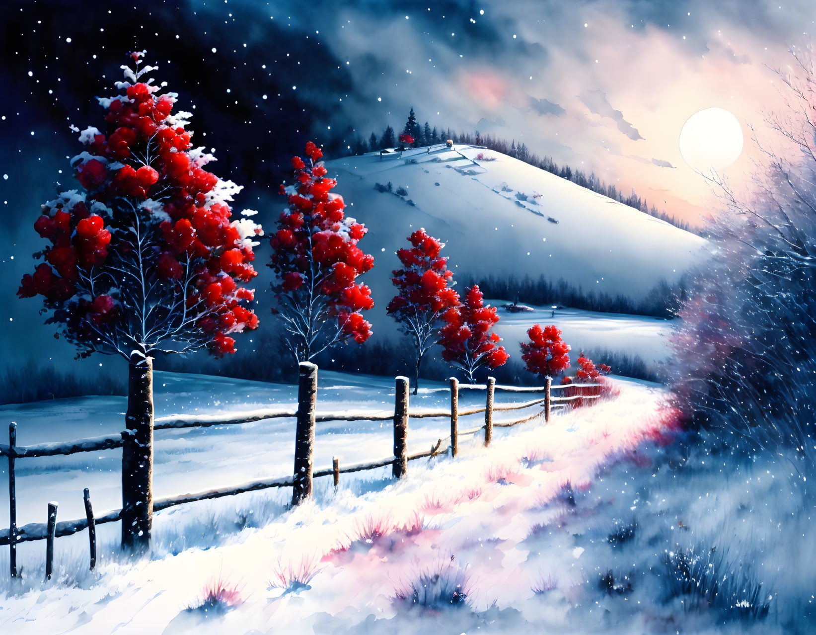 Winter landscape with red trees, snowy path, wooden fence, and glowing moon.