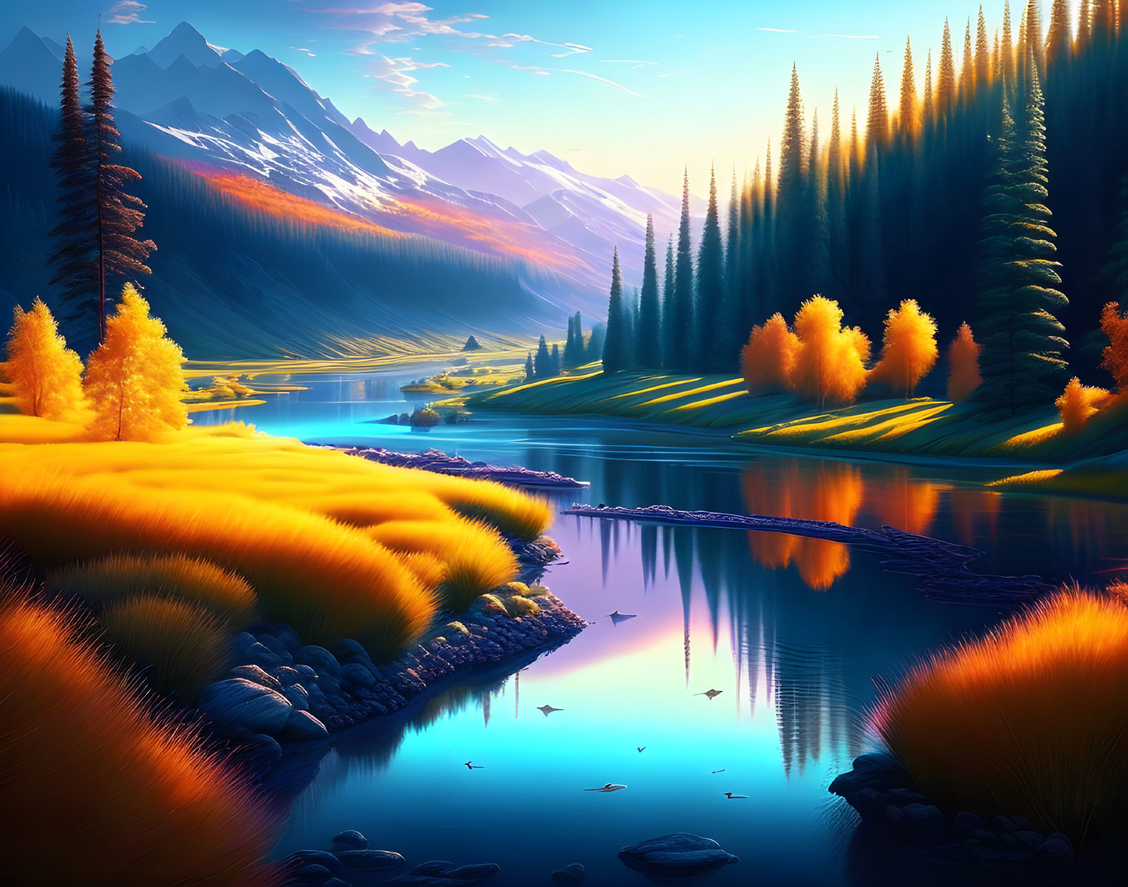 Colorful sunset over mountainous landscape with reflective lake