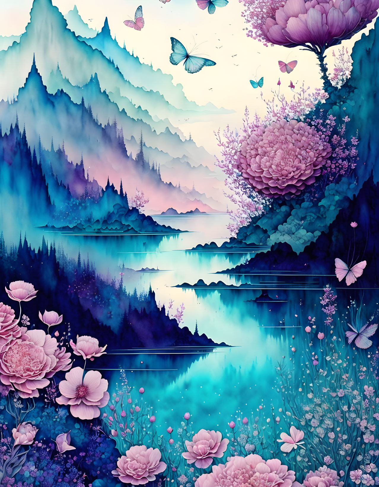 Mystical landscape digital artwork with layered mountains and serene lake