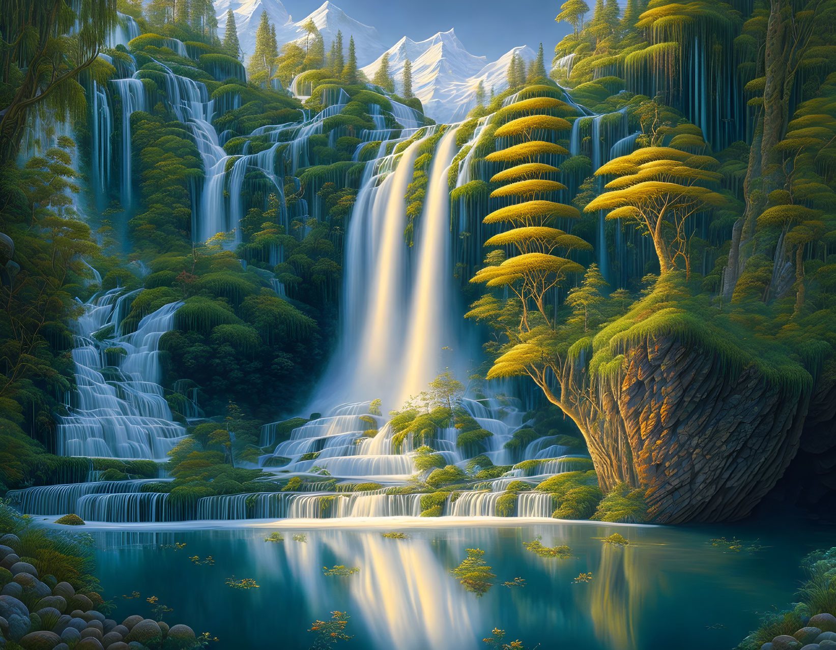 Serene forest scene with lush waterfall, palm-like trees, and snowy mountains reflected in blue pool