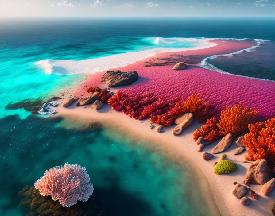 Vibrant surreal beach scene: pink and red foliage, blue waters, colorful coral reef