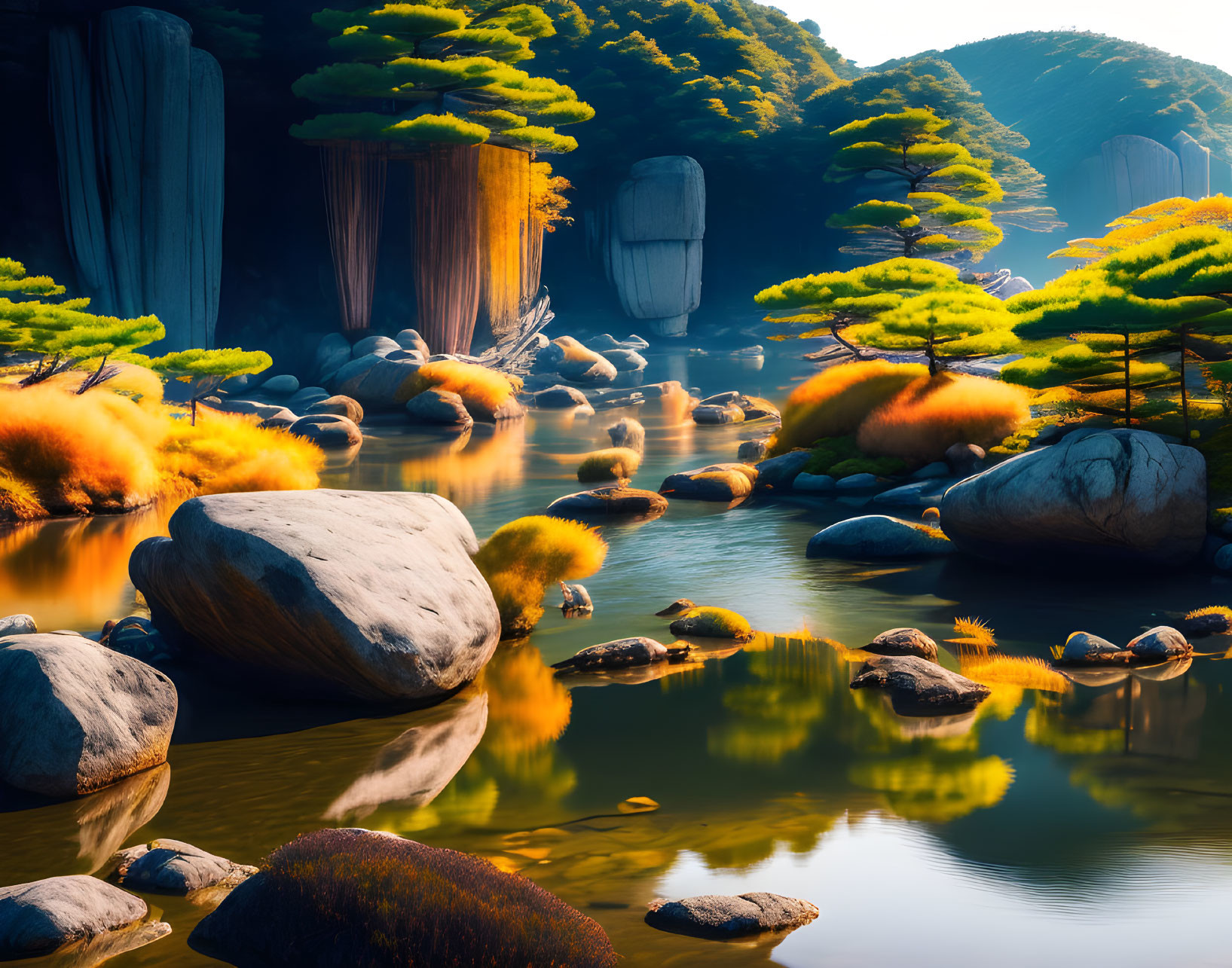 Serene River with Boulders, Trees, and Cliffs