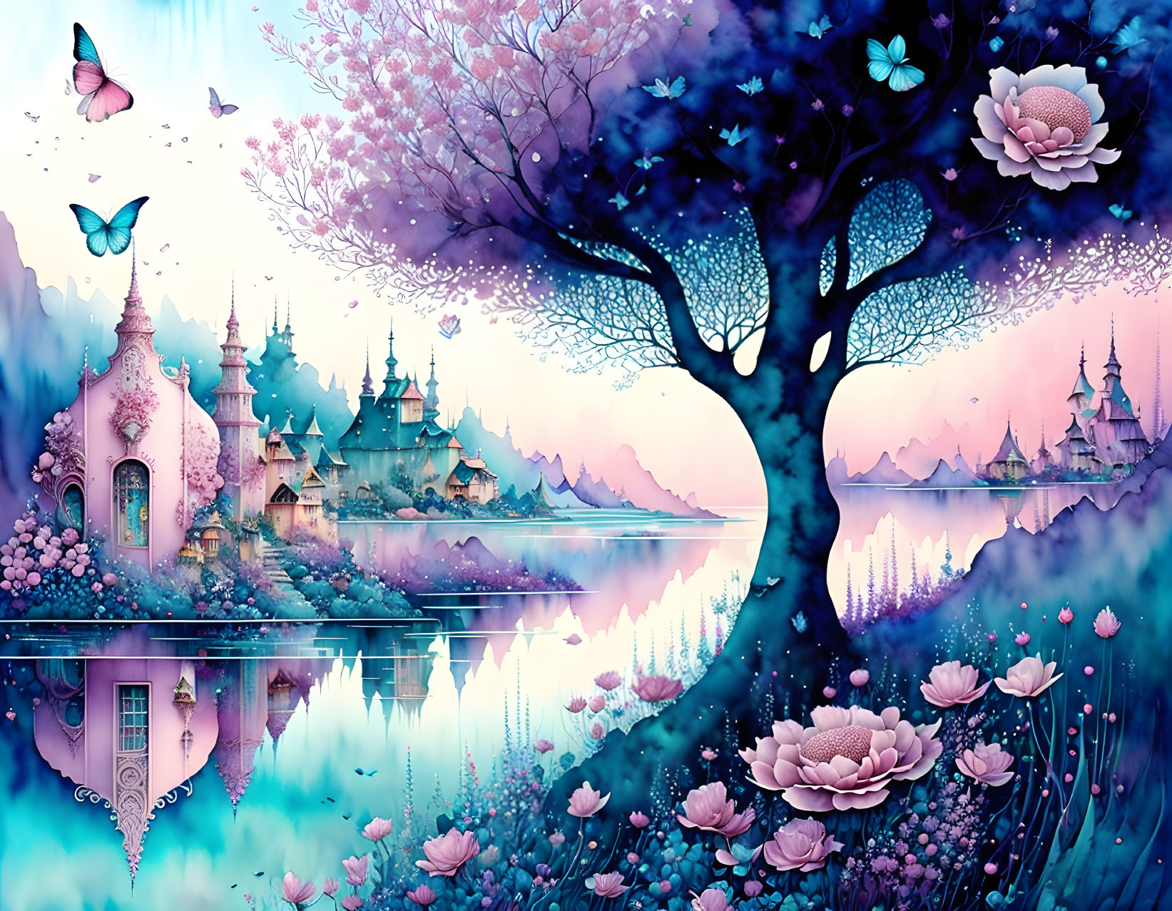 Fantasy landscape with blossoming tree, castle, lake, butterflies, and colorful sky