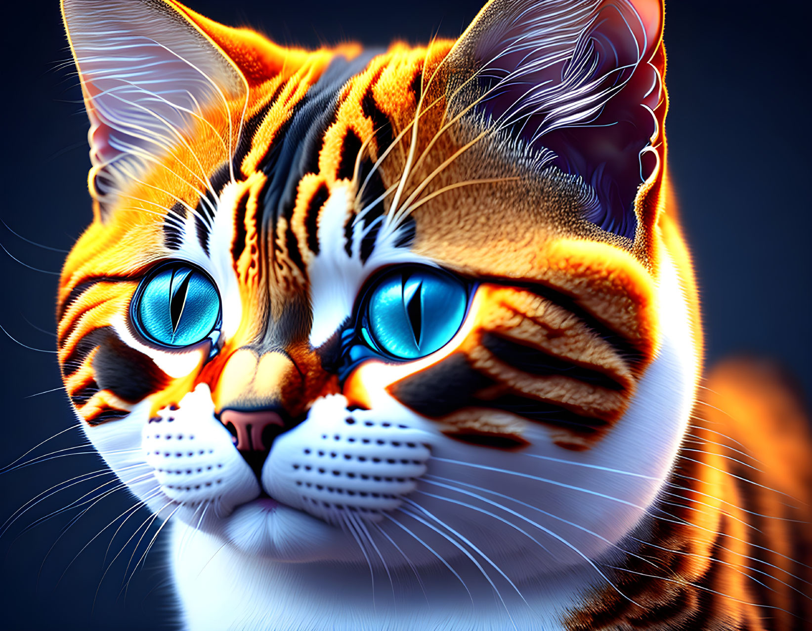 Detailed Digital Artwork: Orange-Striped Cat with Blue Eyes on Dark Background