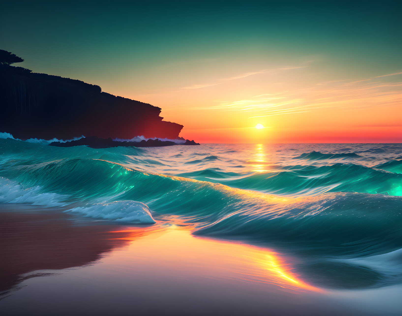 Scenic ocean sunset with waves and rocky cliff