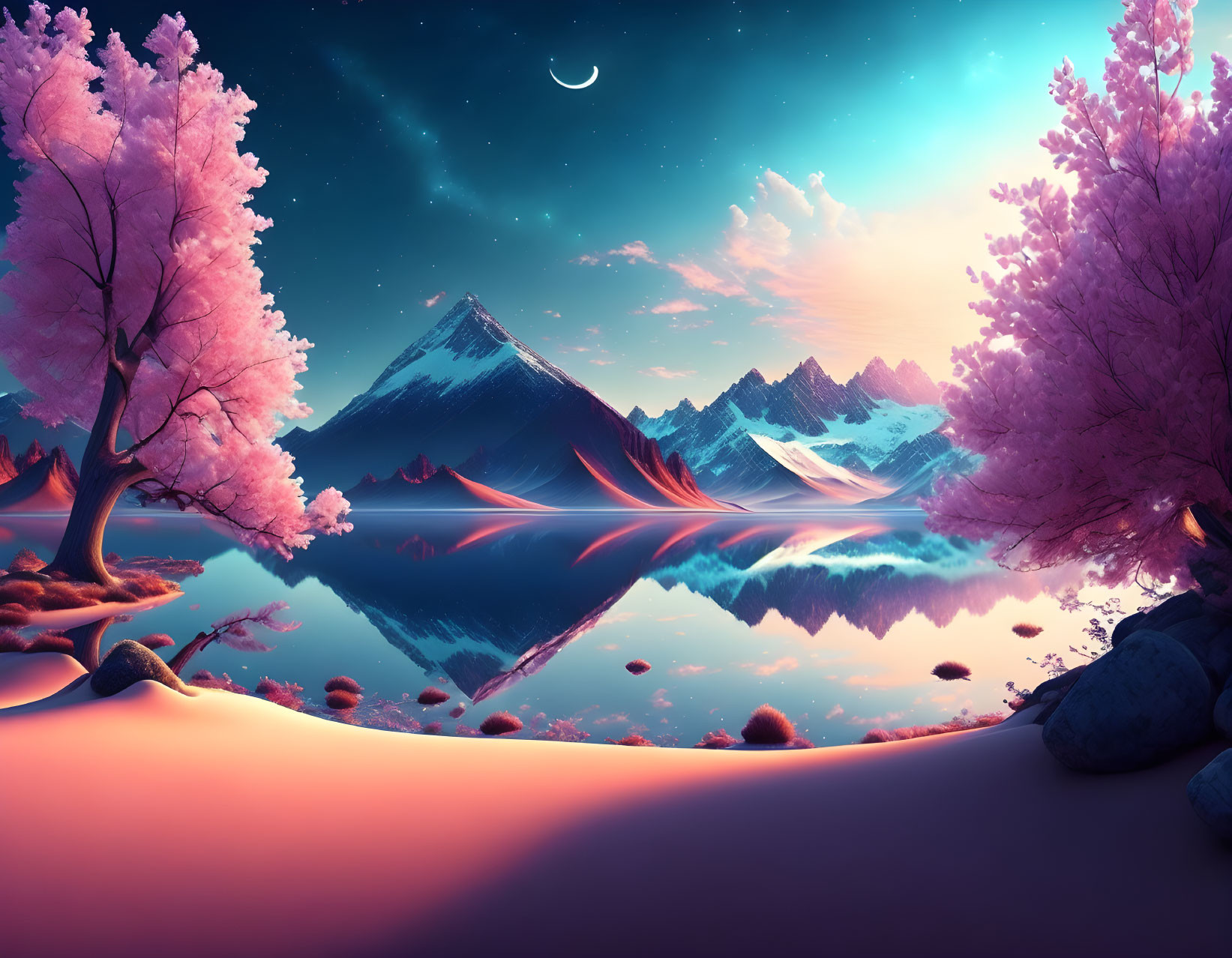 Digital artwork: Twilight scene with pink cherry blossom trees, reflective lake, mountains, crescent moon,